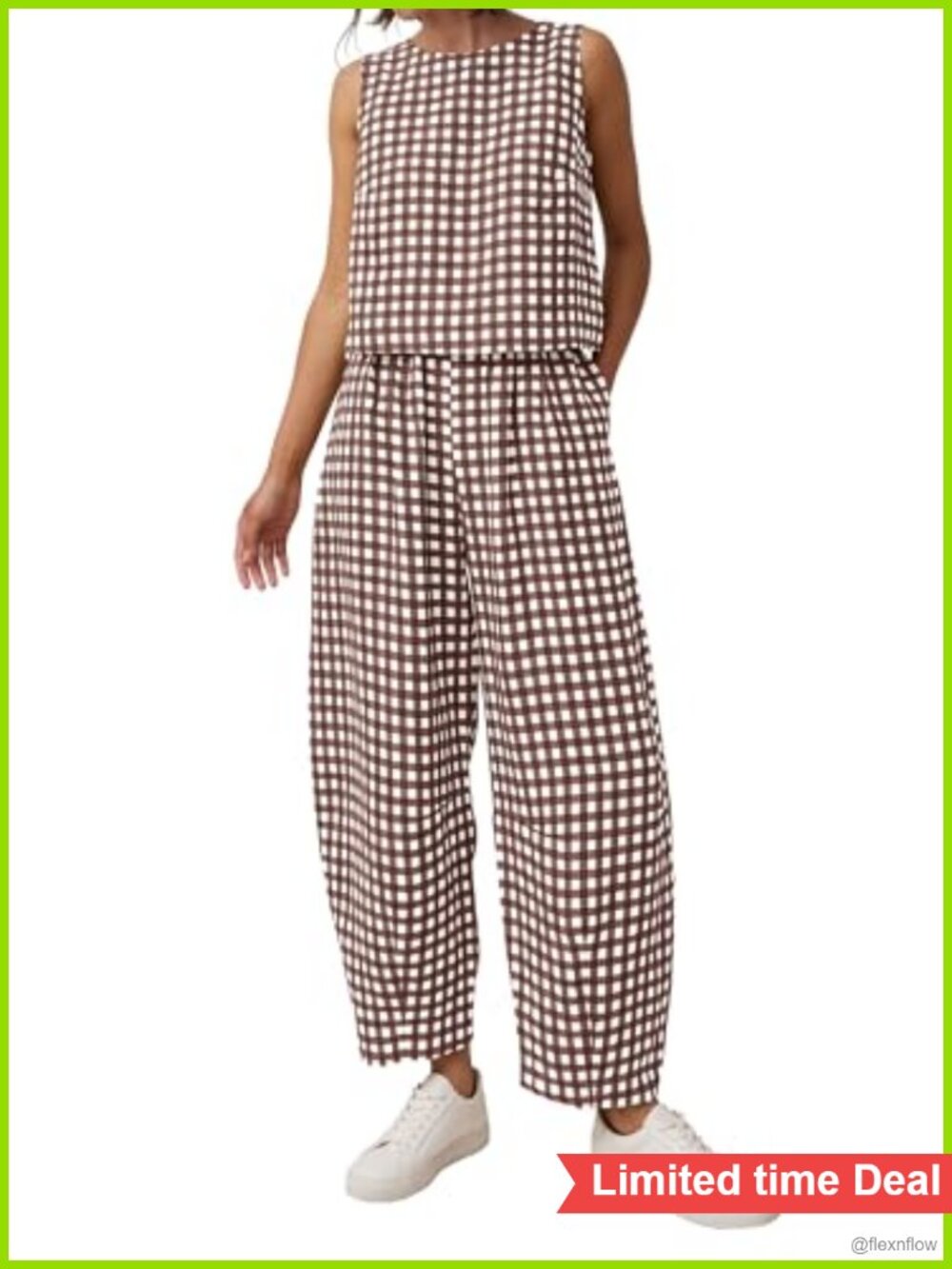Women's 2 Piece Plaid Cotton Lounge Set Sleeveless Top Wide Leg Pants